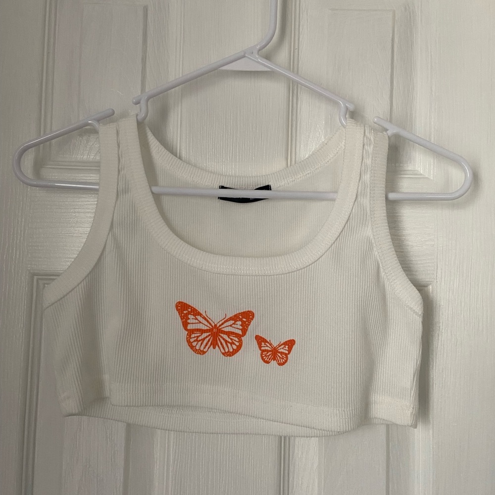Shein Butterfly White Cropped Tank Top